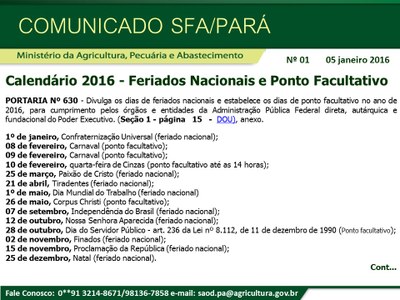 Comunicado SFA-PA Nº 01 - 1PORTARIA FERIADOS NACIONAIS 2016.jpg