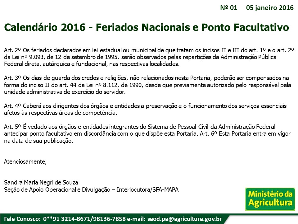 Comunicado SFA-PA Nº 01 - 2PORTARIA FERIADOS NACIONAIS 2016.jpg