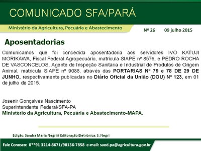 Comunicado SFA-PA Nº 26 Aposentadorias Ivo Morikawa, Pedro Rocha 09.07.15.jpg
