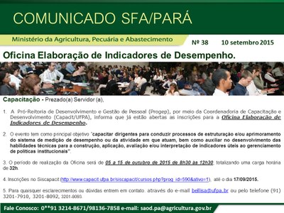 Comunicado SFA-PA Nº 38 - Capacitação OFICINA ELABORAÇÃO DE INDICADORES DE DESEMPENHO.jpg