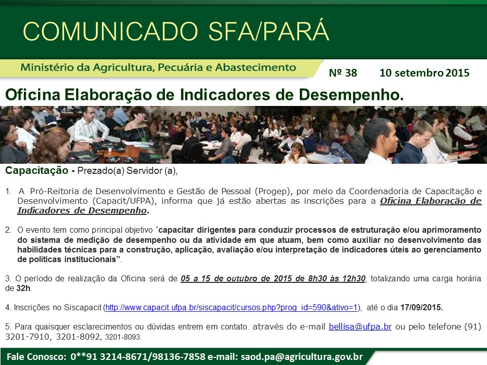Comunicado SFA-PA Nº 38 - Capacitação OFICINA ELABORAÇÃO DE INDICADORES DE DESEMPENHO.jpg