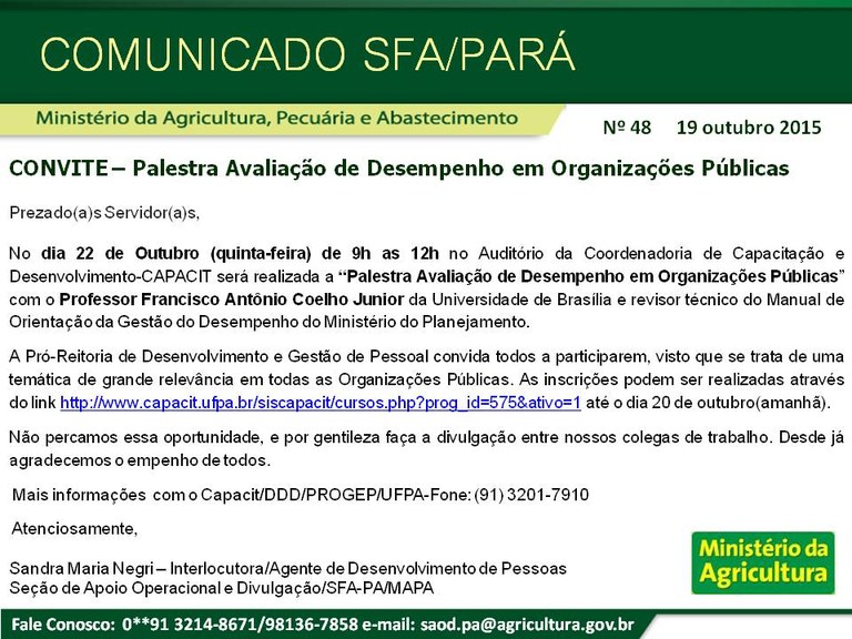 Comunicado SFA-PA Nº 48 - Convite - Palestra Avaliação de Desempenho em Organizações Públicas.jpg