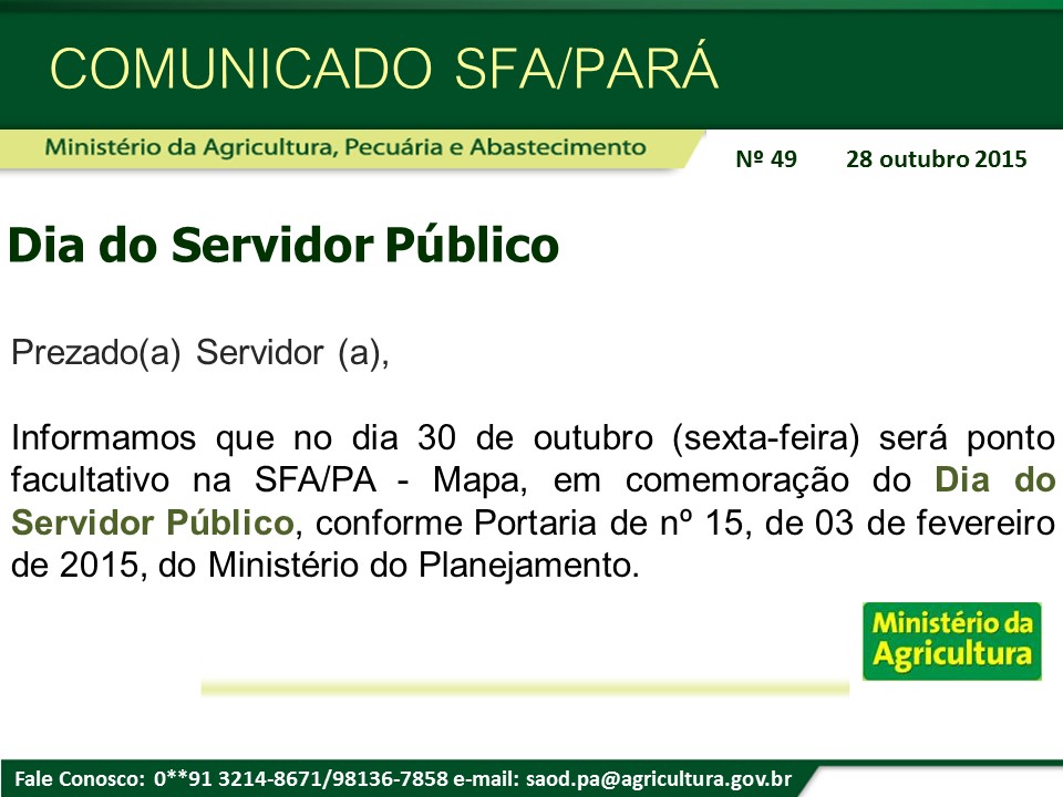 Comunicado SFA-PA Nº 49 - Dia do Servidor e Ponto facultativo-MAPA.jpg