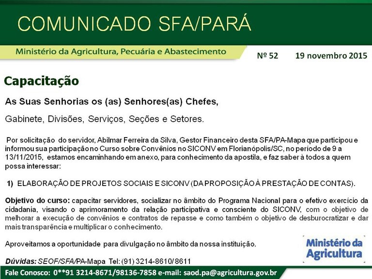 Comunicado SFA-PA Nº 52 - Capacitação Curso Convênios SICONV.jpg