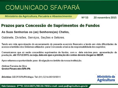 Comunicado SFA-PA Nº 53 - Prazos para concessão de Suprimentos de Fundos.jpg