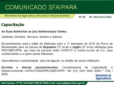 Comunicado SFA-PA Nº 58 - Capacitação-Curso Capacit-Espanhol.Ingles UFPA.jpg